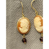 Estate Handmade Vintage Cameo Dangling Earrings 16mm x 13.5mm In 14kt Gold With Garnet Accents