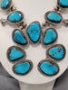 Native American Handmade Turquoise & Squash Blossom Necklace In Sterling Silver 24in Long Weighs 195g